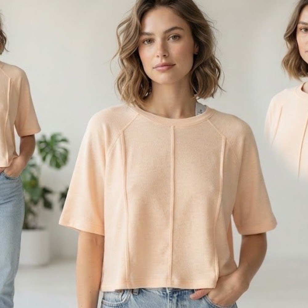 Imily Bela Womens Pale Peach Boxy Raglan Short Sleeve Seam Detail Top NWT